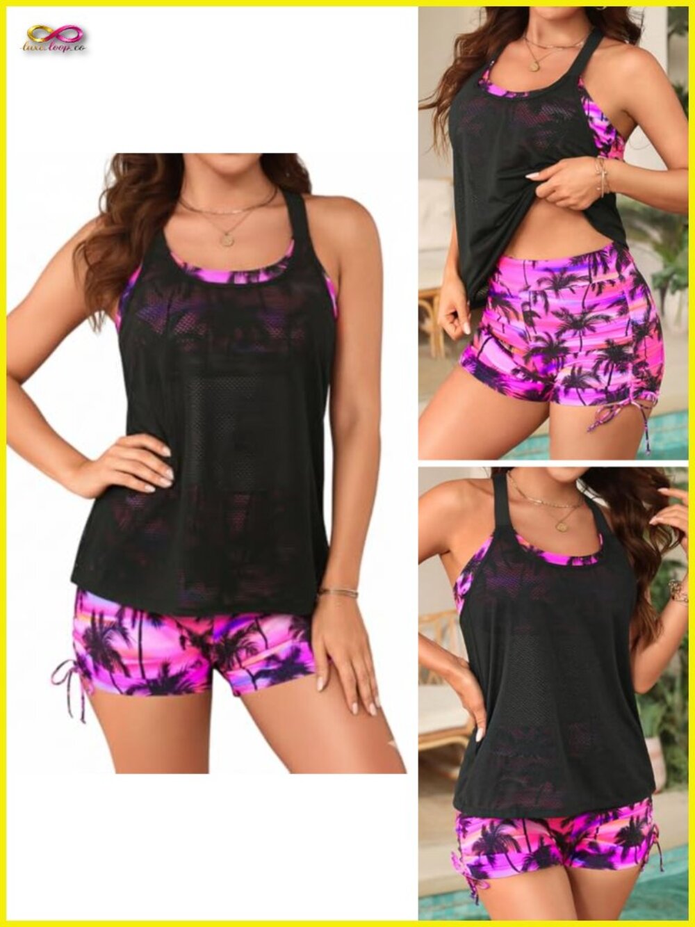 Two Piece Tankini with Shorts - Mesh Swim Top with Boyshorts Tummy Control